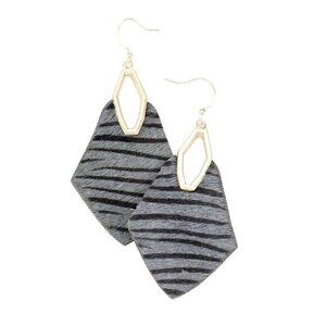 Zebra Print‎ Faux Leather Geometric Drop Earrings With Gold Hexagon Accents